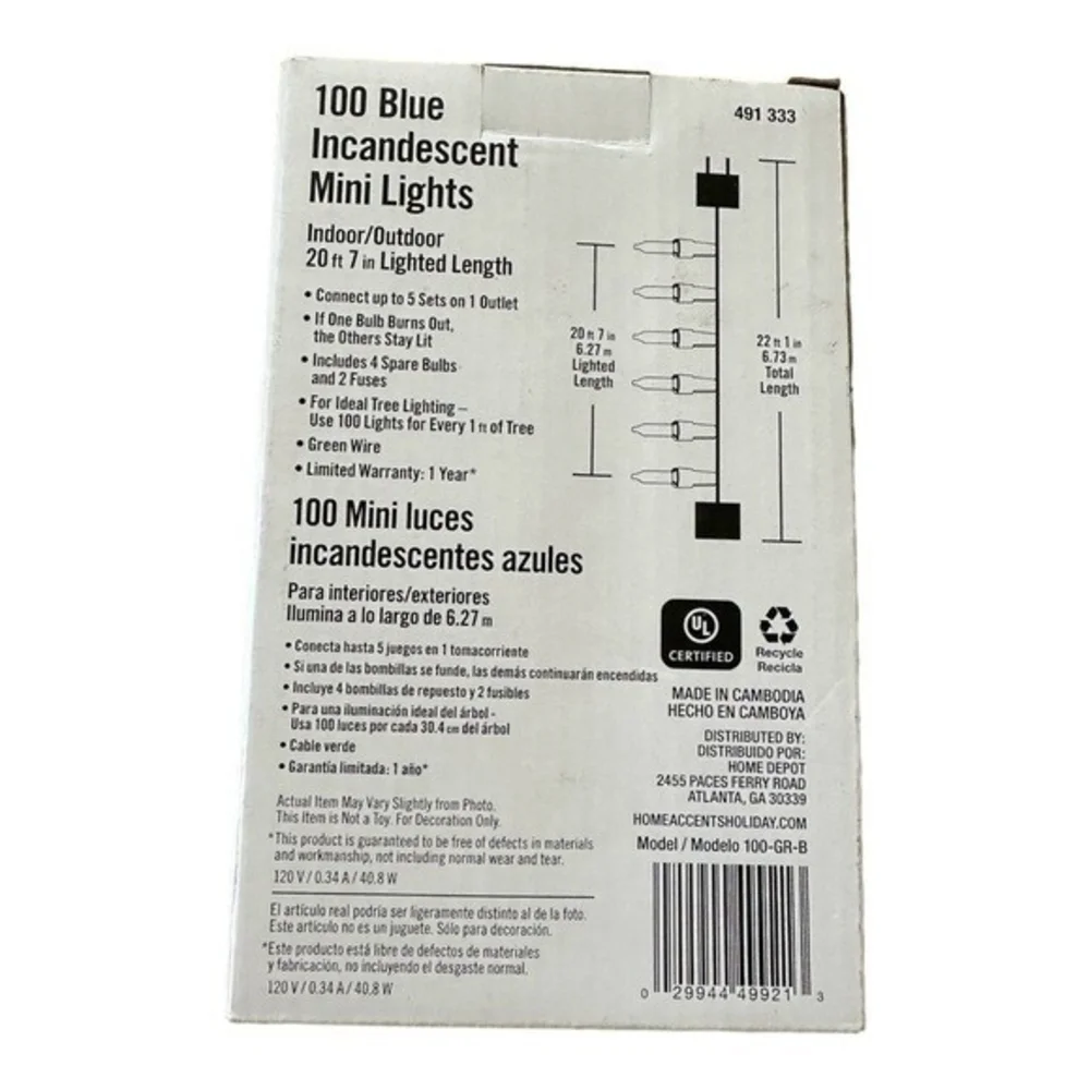 NEW Home Accents 100 Blue Incandescent Mini Lights 20.6' Indoor Outdoor NIB